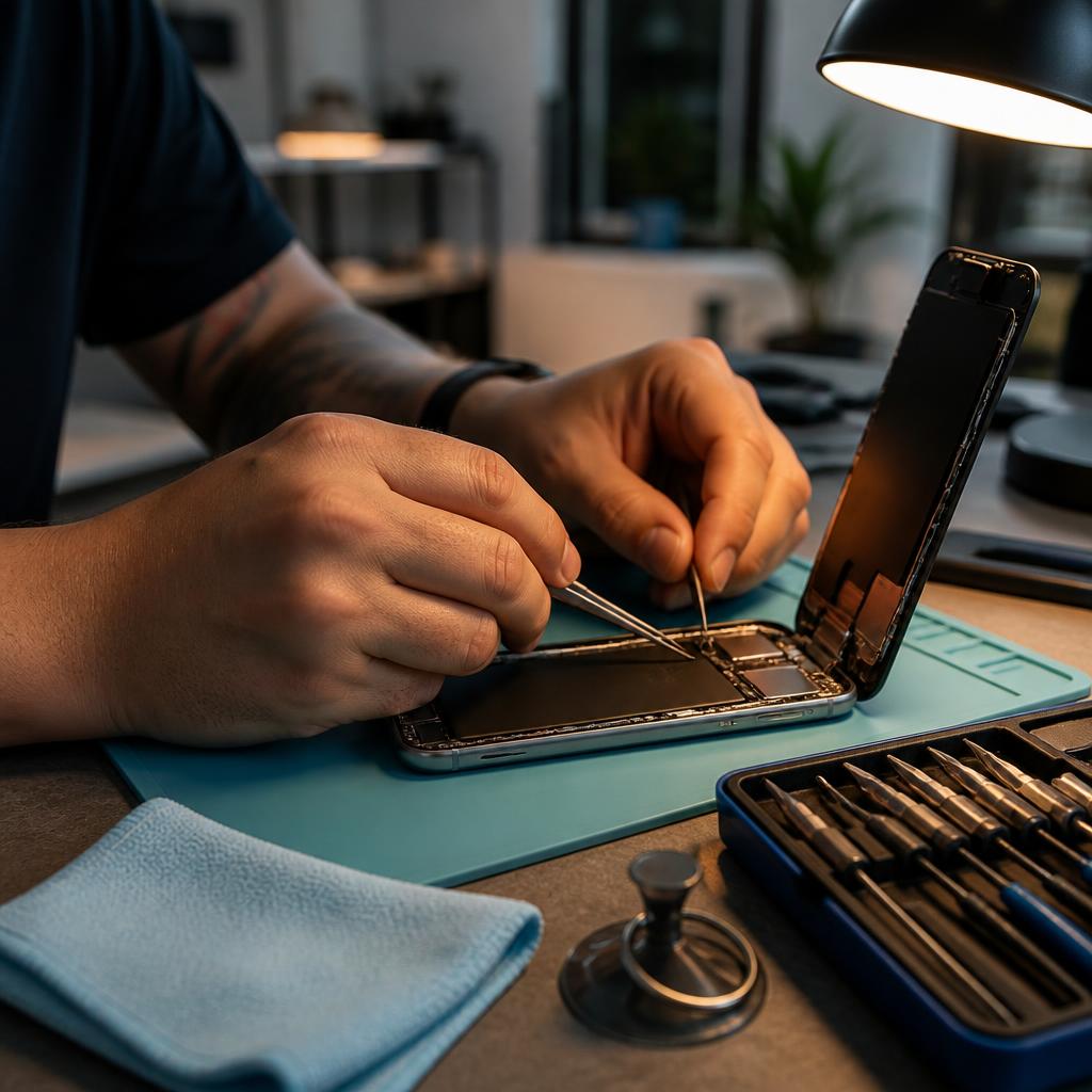 Techniker repariert ein Smartphone in der A7vernetzt-Werkstatt